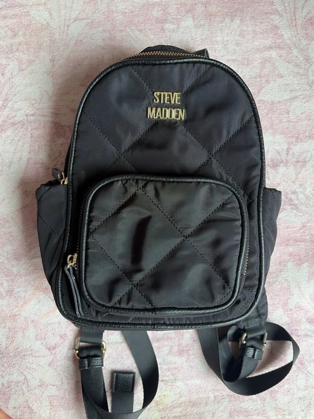 Steve Madden Black Quilted Mini Backpack with Gold Logo